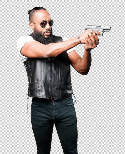 PSD homme noir utilisant un pistolet à pop