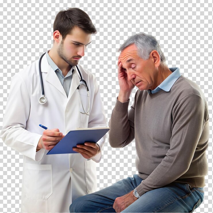 PSD un homme partageant ses problèmes et faisant des gestes avec un médecin isolé sur un fond transparent