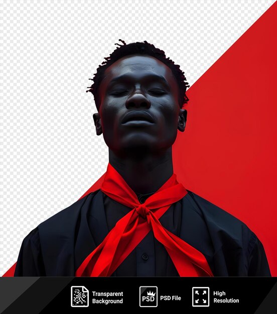 PSD homme à la peau sombre transparente avec un ruban rouge sur fond rouge png