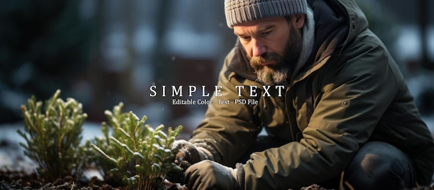 PSD un homme plante des semis dans un jardin en hiver