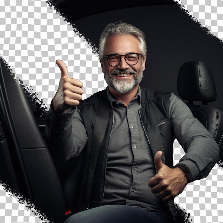 PSD homme plus âgé souriant dans le siège d'auto pouces vers le haut sur fond transparent