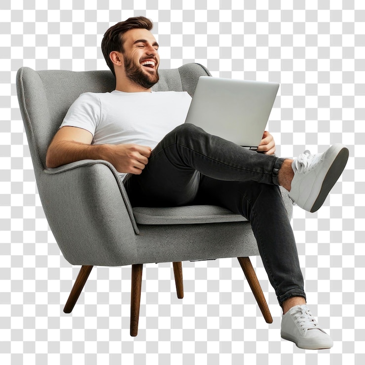 PSD un homme de png applaudissant assis sur une chaise d'ordinateur portable