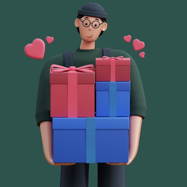 Un homme portant une boîte-cadeau avec des coeurs dessus.