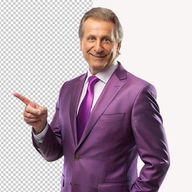PSD un homme portant un costume violet pointant un côté sur un fond transparent