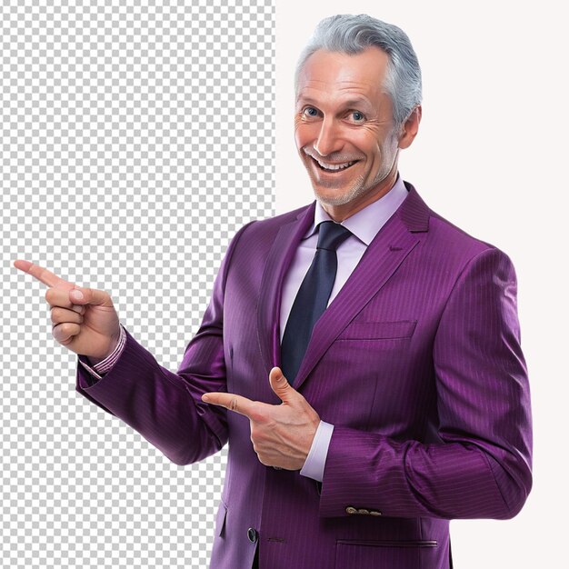 PSD un homme portant un costume violet pointant un côté sur un fond transparent