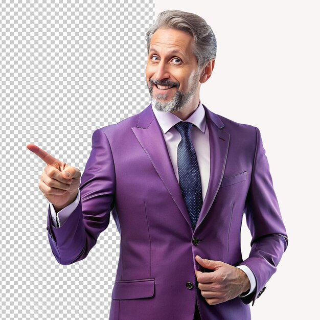 PSD un homme portant un costume violet pointant un côté sur un fond transparent