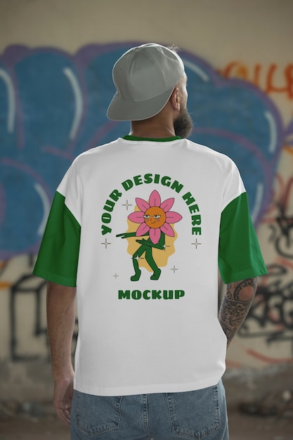 Homme portant un logo sur la conception d'une maquette de t-shirt au dos