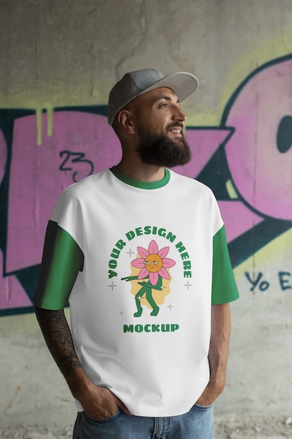 Homme portant un logo sur la conception d'une maquette de t-shirt avant