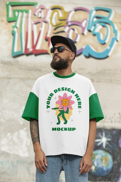 Homme portant un logo sur la conception d'une maquette de t-shirt avant