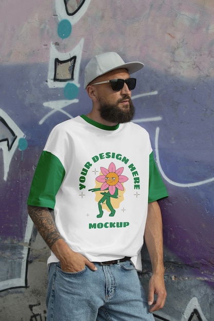 Homme portant un logo sur la conception d'une maquette de t-shirt avant