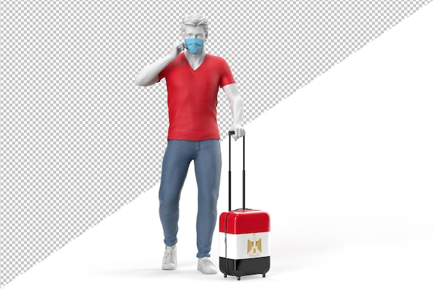 Un homme portant un masque tire une valise avec le drapeau d'Égypte en 3D