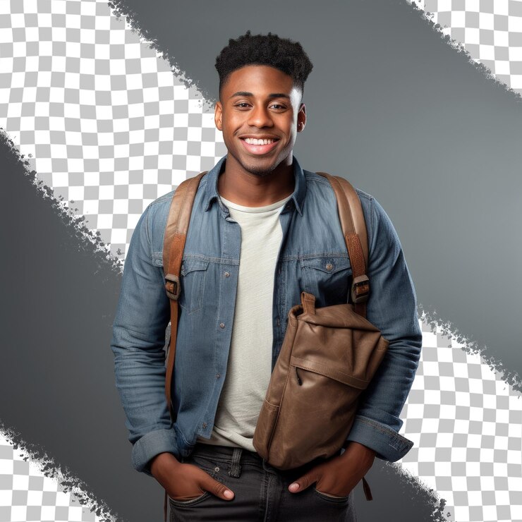 PSD un homme portant une veste bleue avec un sac brun sur son épaule.