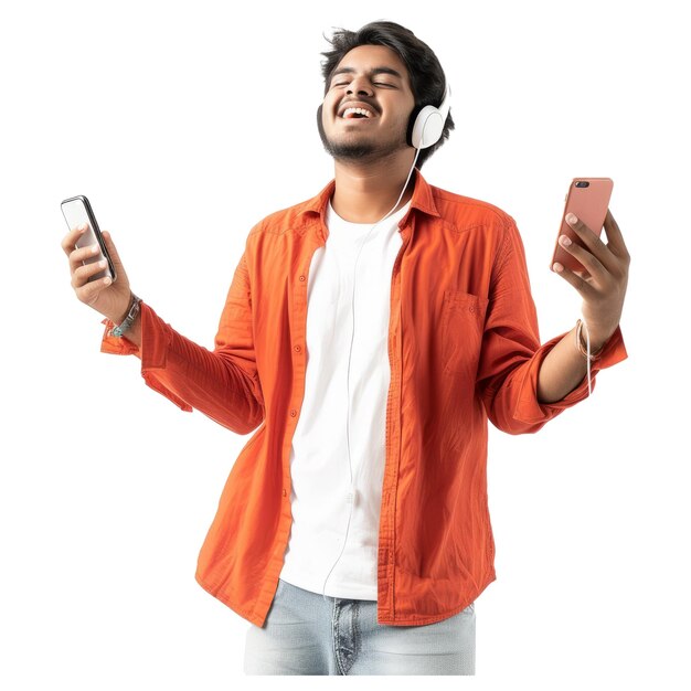 L'homme porte une chemise rouge orange, un t-shirt blanc, des écouteurs, écoute de la musique, utilise un téléphone portable, un concept de style de vie.