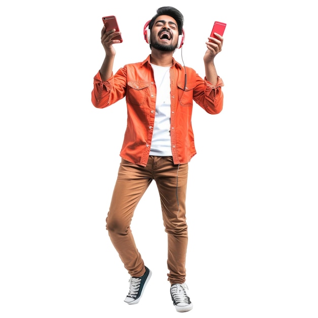 L'homme porte une chemise rouge orange, un t-shirt blanc, des écouteurs, écoute de la musique, utilise un téléphone portable, un concept de style de vie.