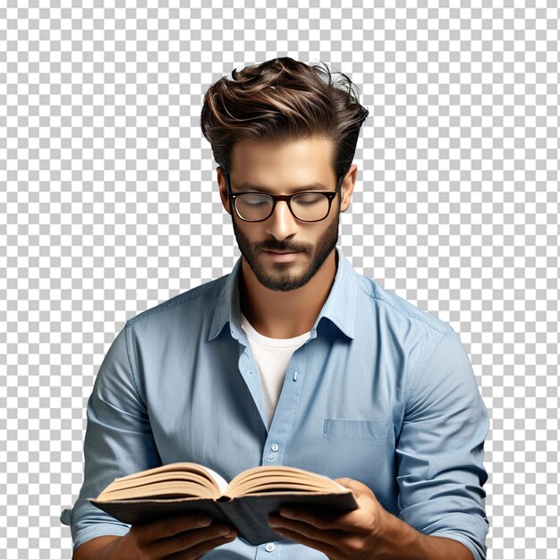 PSD un homme qui porte des lunettes et lit un livre avec un arrière-plan png