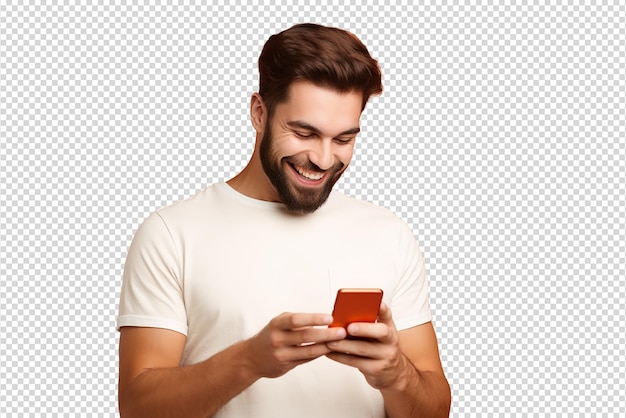 un homme regardant son téléphone debout isolé sur un fond transparent