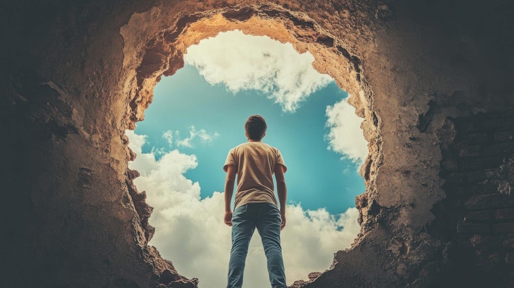 PSD un homme regarde vers le ciel à travers un trou dans la terre symbolisant la recherche de la lumière et de la liberté dans des temps difficiles
