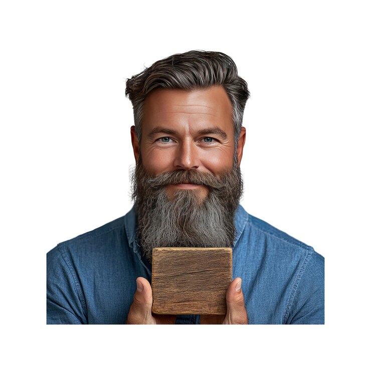 PSD un homme souriant avec une barbe pleine tient un bloc de bois
