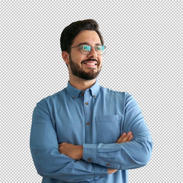 Un homme souriant en chemise bleue avec des lunettes.