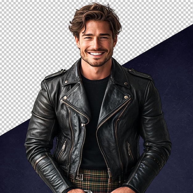 L'homme souriant dans la veste en cuir