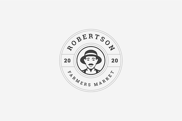Un homme souriant, un fermier, un chapeau, un cercle vintage, un modèle de conception de logo, une production alimentaire biologique fraîche.