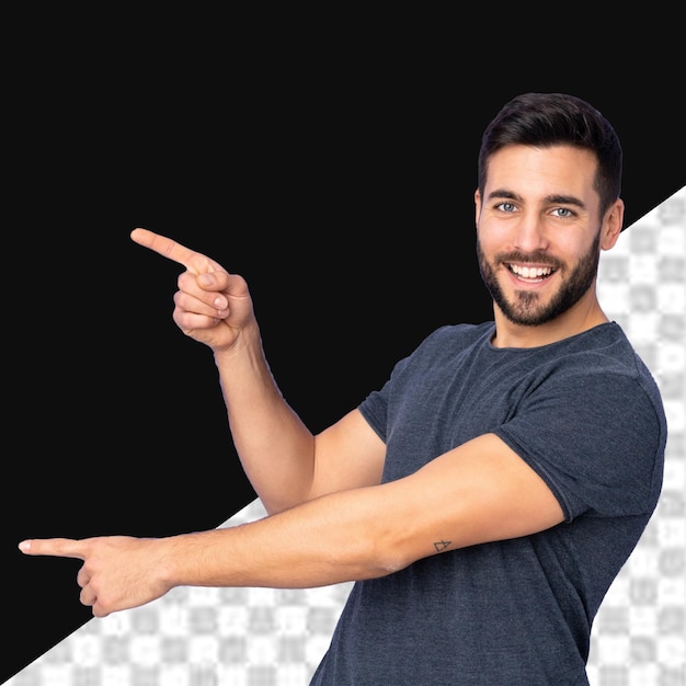 PSD un homme souriant et pointant dans un t-shirt bleu