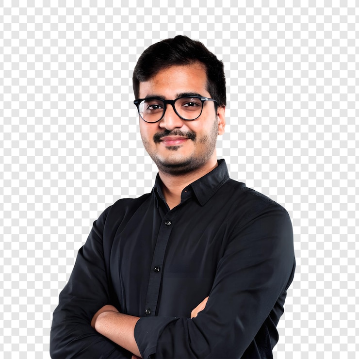 PSD un homme souriant portant des lunettes et une chemise noire avec les bras croisés