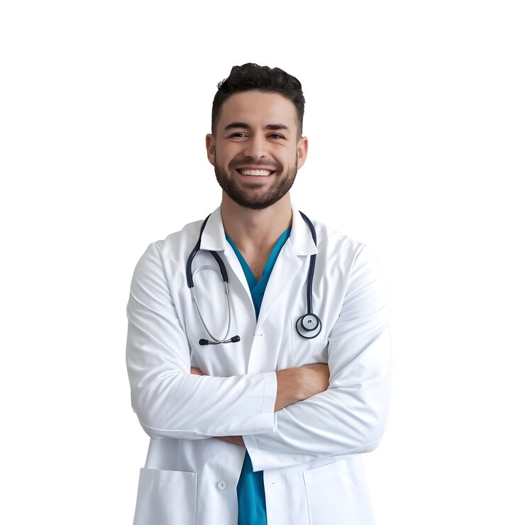 PSD un homme souriant portant un manteau de laboratoire blanc avec un logo dessus