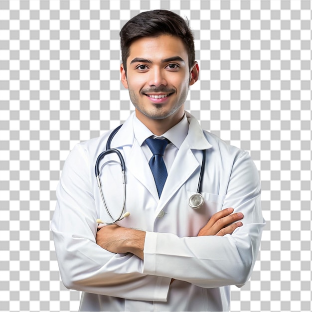 Un homme avec un stéthoscope sur sa poitrine se tient devant un écran qui dit quote service médical quo