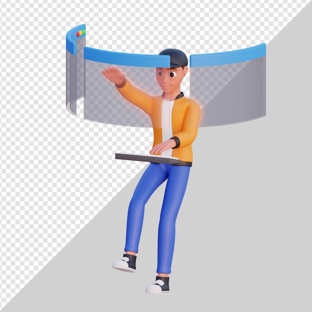 Homme stylisé travaillant avec illustration de personnage 3d pour ordinateur portable