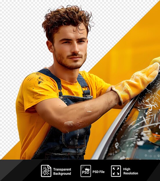 PSD homme en t-shirt et combinaison essuyant un verre de voiture propre avec un essuie-glace debout devant un mur jaune avec des cheveux bruns bouclés et une chemise jaune visible et un png psd