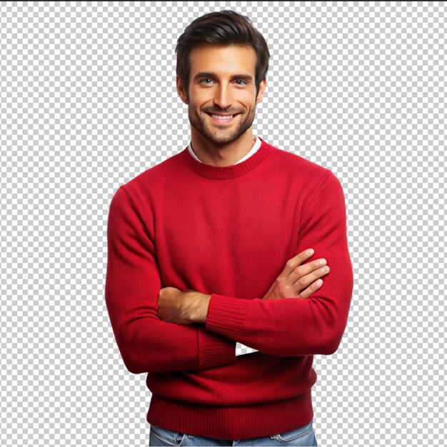 PSD un homme en t-shirt rouge sur un fond transparent