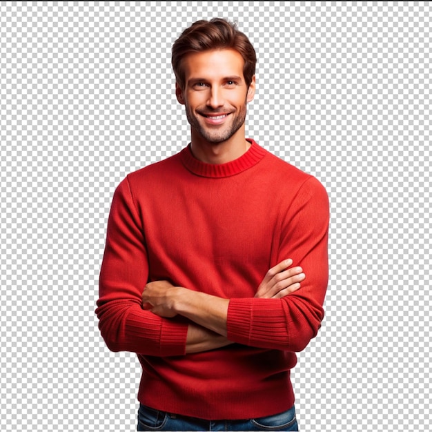 PSD un homme en t-shirt rouge sur un fond transparent