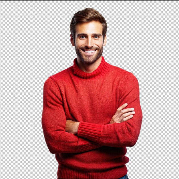 PSD un homme en t-shirt rouge sur un fond transparent