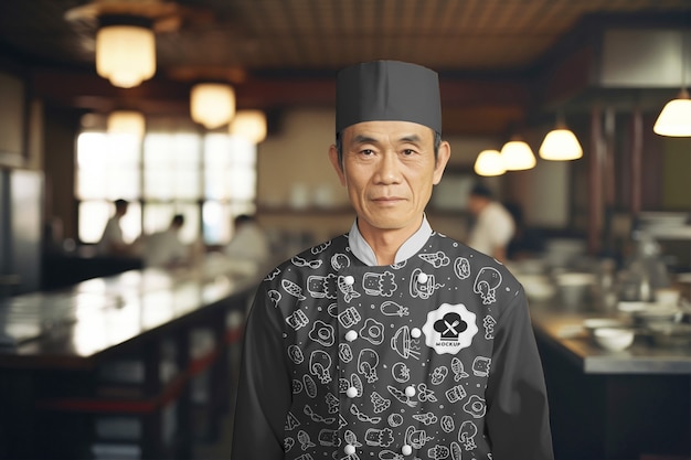 Un Homme De Taille Moyenne Portant L'uniforme D'un Chef Japonais.