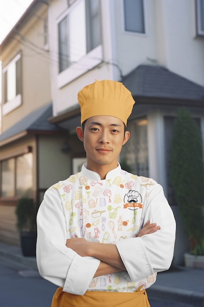 Un Homme De Taille Moyenne Portant L'uniforme D'un Chef Japonais.