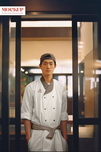 Un Homme De Taille Moyenne Portant L'uniforme D'un Chef Japonais.