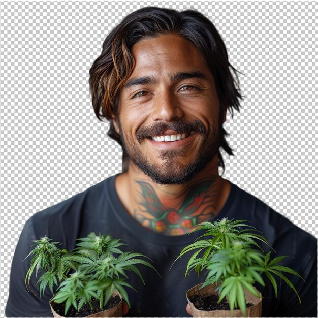 PSD un homme avec des tatouages sur sa poitrine tient trois plantes