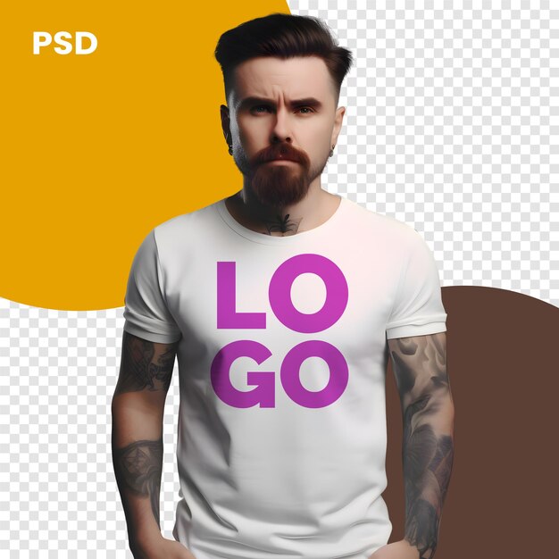 PSD homme tatoué en t-shirt blanc avec le slogan psd mockup