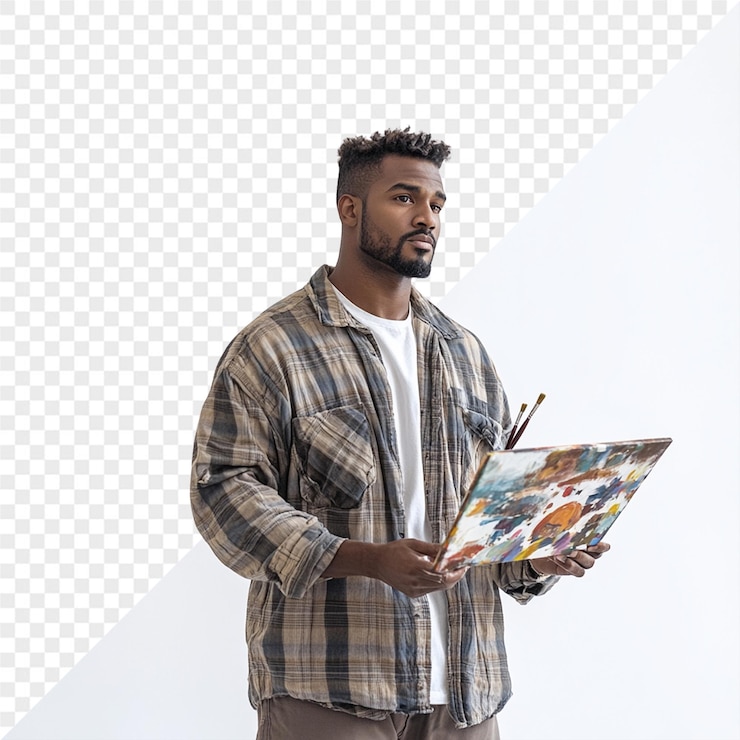 PSD un homme tenant un morceau de papier avec une photo d'un homme tenant un crayon