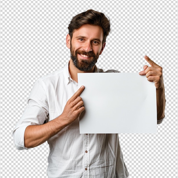 PSD un homme tenant une pancarte vide isolée sur un fond transparent png