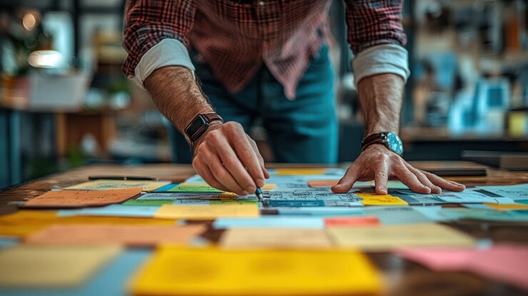 PSD un homme travaille sur un projet à l'aide de notes collantes et d'un crayon. il est concentré sur la tâche à accomplir et semble être créatif et organisé.