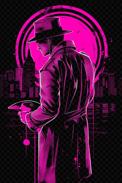 PSD homme en trench-coat tenant un paysage urbain fedora la nuit dans psd art design concept banner d'affiche