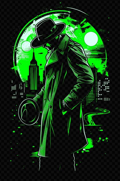 PSD homme en trench-coat tenant un paysage urbain fedora la nuit dans psd art design concept banner d'affiche