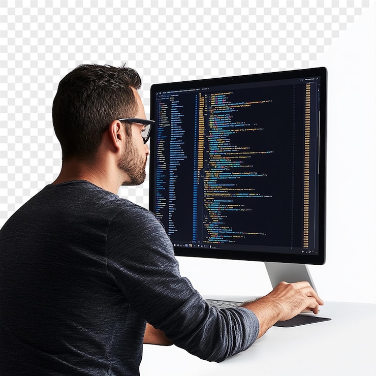 PSD un homme utilise un ordinateur avec le code du mot sur l'écran