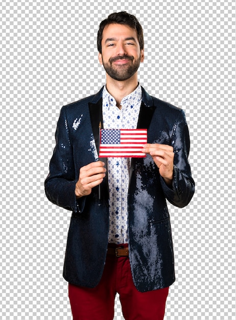 Homme Avec Veste Tenant Un Drapeau Américain