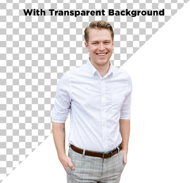 Homme vêtu de façon formelle en chemise blanche et pantalon gris PNG PSD isolé sur un fond transparent