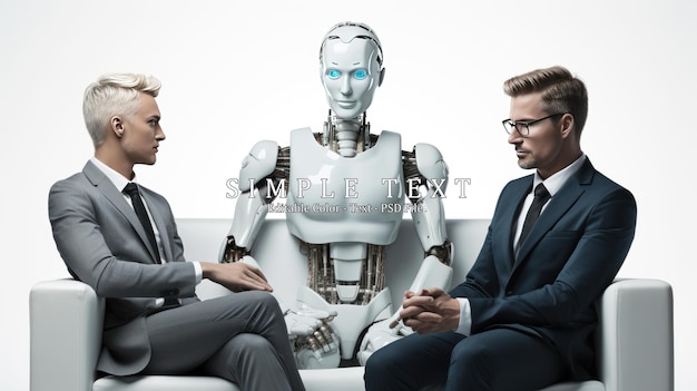 PSD des hommes d'affaires et un robot d'ia humanoïde assis et attendant un entretien d'emploi ai contre humain