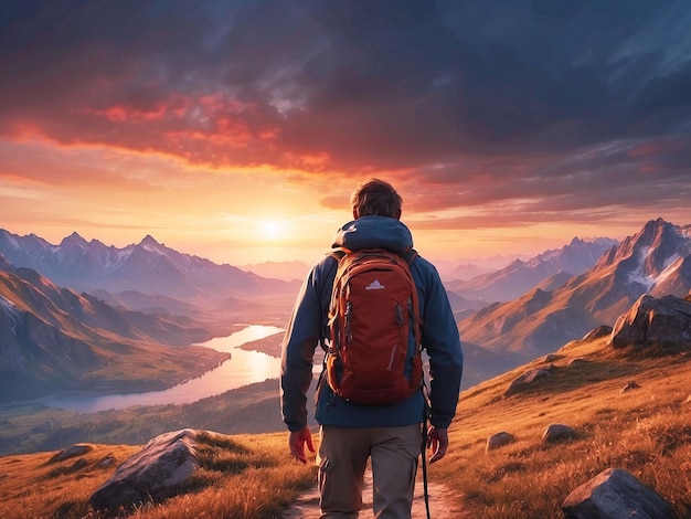 Les Hommes Randonneurs Au Sommet De La Montagne Profitant De La Beauté De La Nature Dans La Lueur Du Coucher Du Soleil