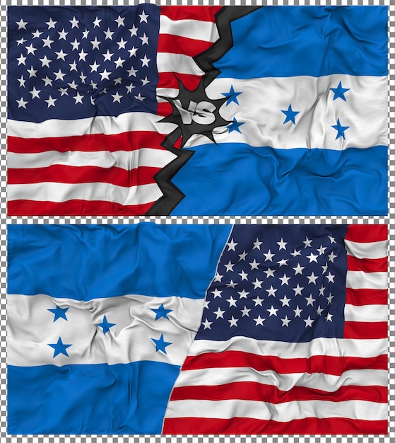 Honduras contra los Estados Unidos Media bandera combinada Tela textura de golpe Relación bilateral Renderización en 3D
